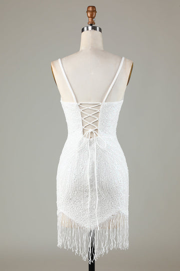 Sparkly Bodycon Spaghetti Straps White Sequin Short Ball Dress